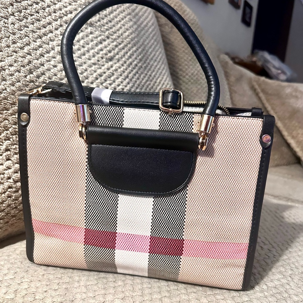 Elegant Black and Pink Plaid Satchel